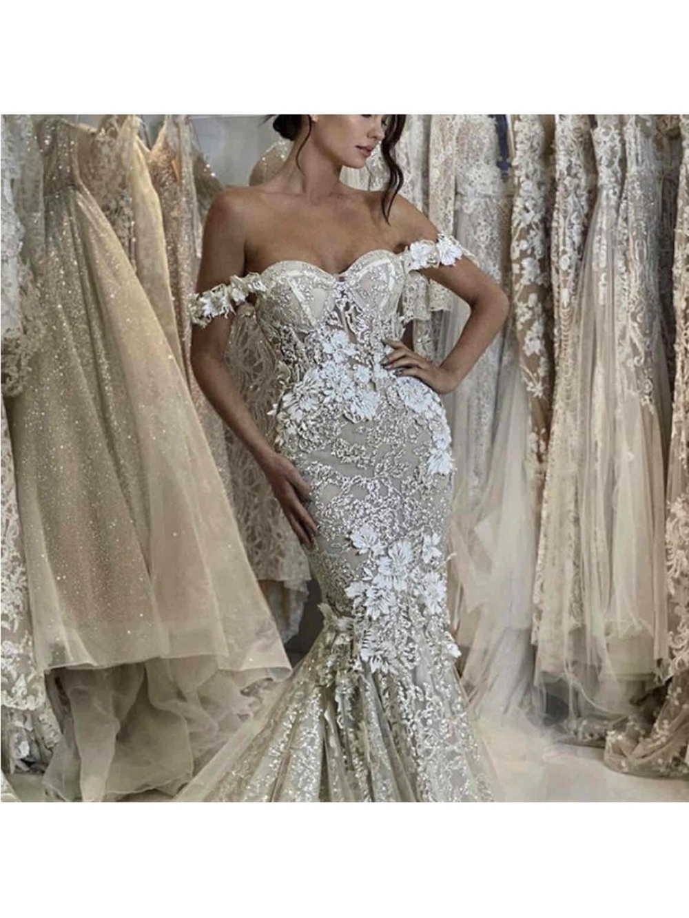 Berta bridal 20-101 Off-Shoulder Ivory Lace floral appliqué